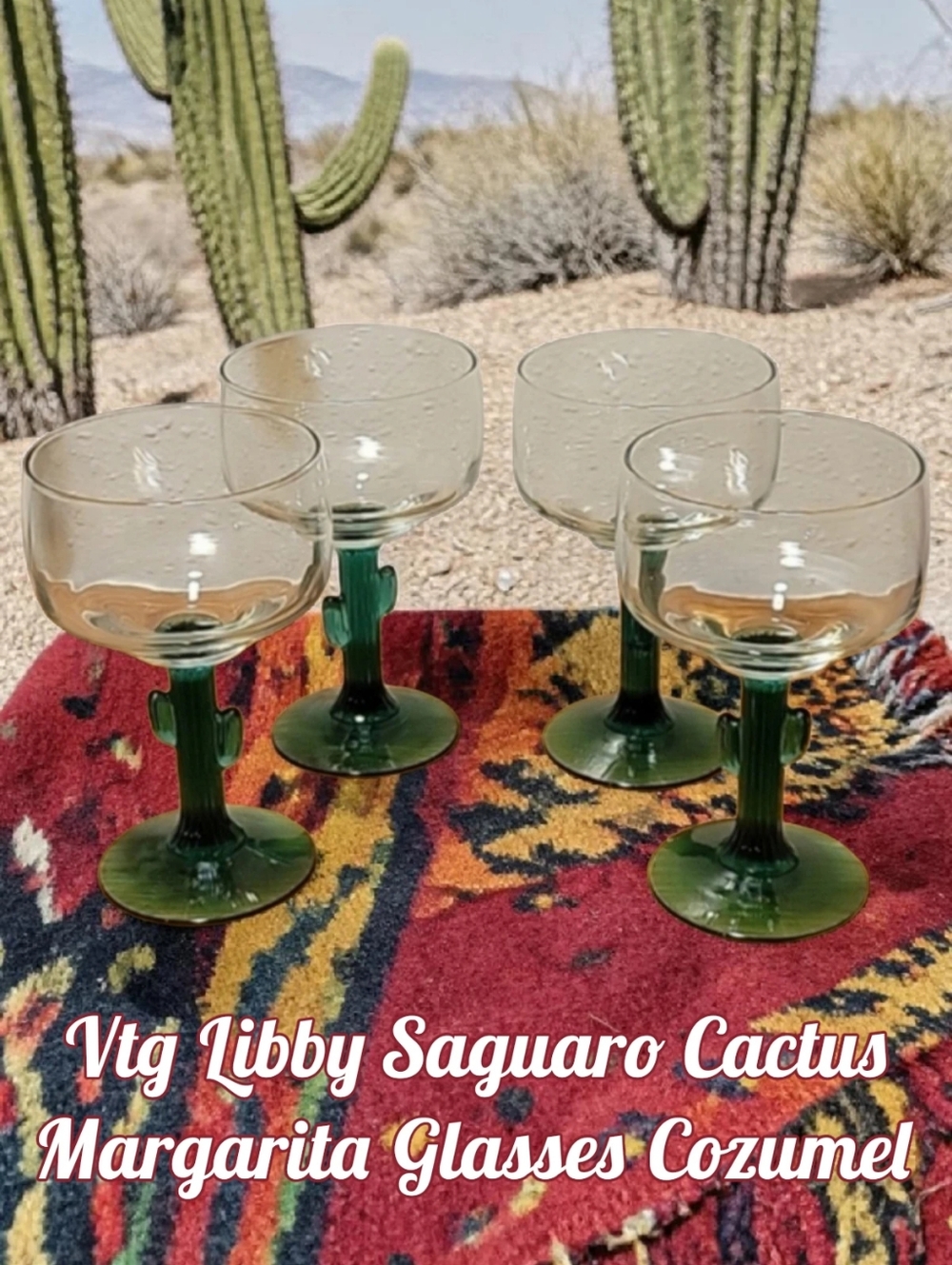 4 Vtg Libby Green Saguaro Cactus Margarita Glasses 8oz Cozumel Green